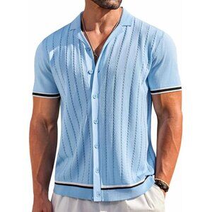Men's Short Sleeve Knit Shirt Casual Button Down Shirt Vintage Striped